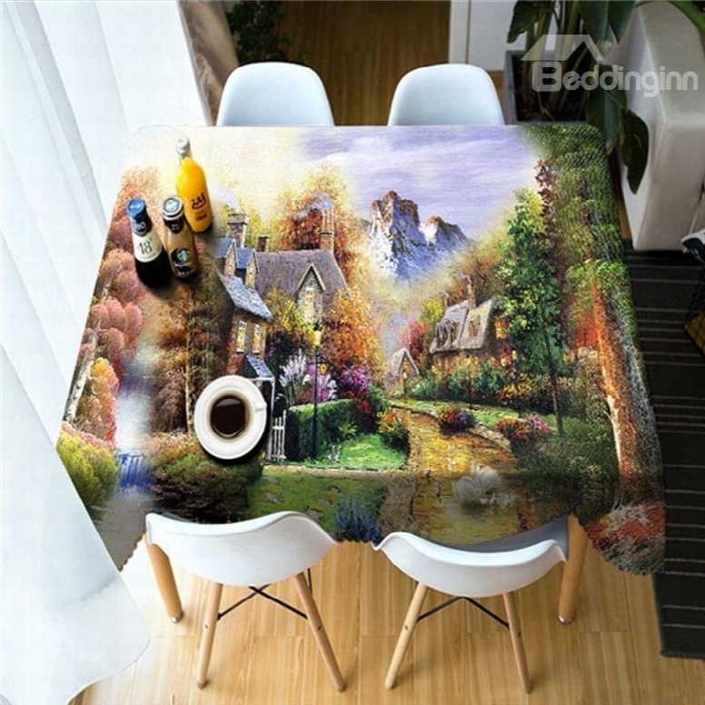 3d Wooden House In High Mountains Printed Dreamy Color Oil-proof Table Cloth
