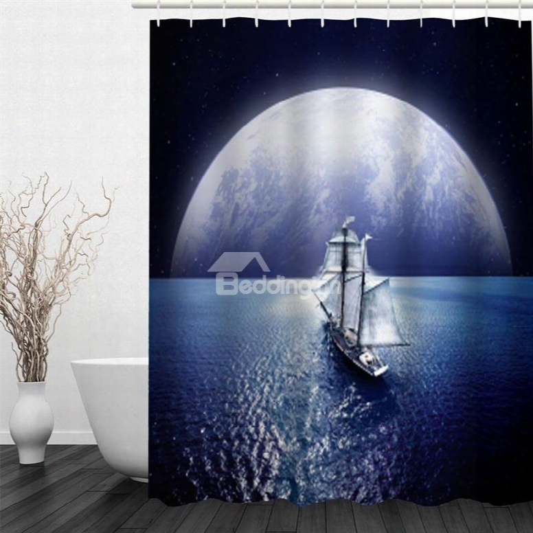 3d Yacht Sailing In Sea And Planet Polyester Waterproof Antibacterial Eco-friendly Shower Curtain