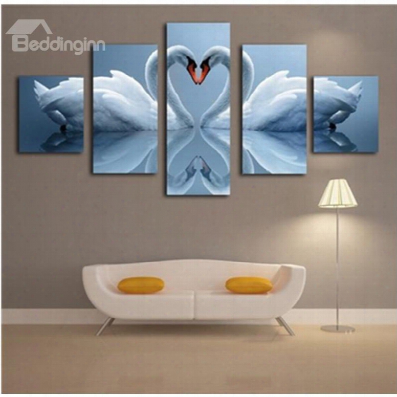 A Couple Of White Swans Hanging 5-piece Canvas Eco-friendly And Waterproof Non-framed Prints