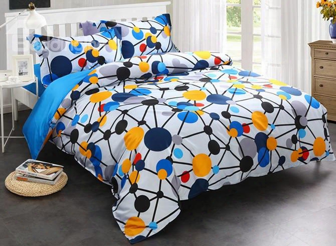 Adorila 60s Brocade Blue Spotted Flashbulb Printed Modern Style 4-piece Cotton Bedding Sets