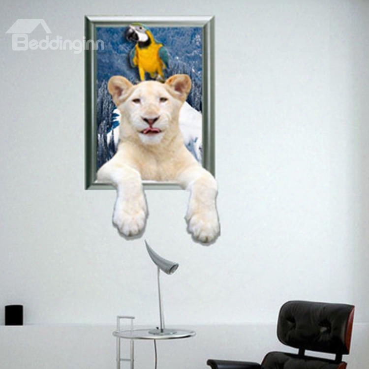 Amazing Pure White Tiger And Parrot Pattern 3d Wall Sticker