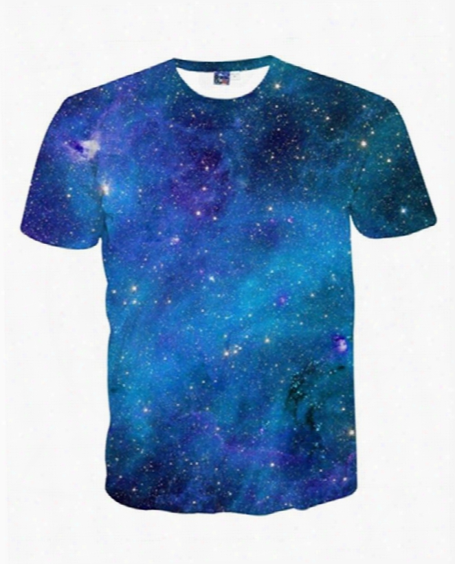 Amazing Round Neck Special Blue Galaxy Pattern 3d Painted T-shirt