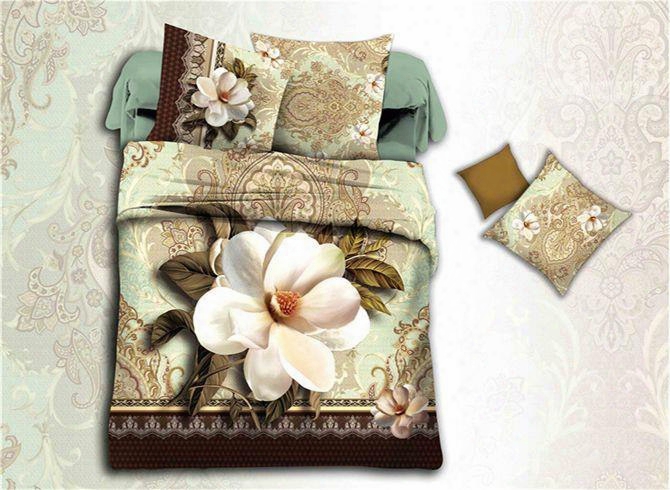 Attractive White 3d Magnolia Print 4-piece Polyester Duvet Cover Sets