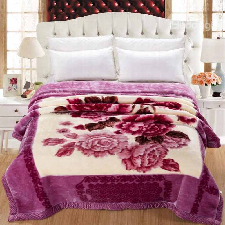 Beautiful Peonies Blossom Printed Grey Purple Plush Flannel Fleece Thick Bed Blankets