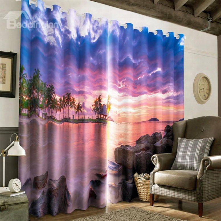 Beautiful Purple Sunset Glow And Clean Seawater Printing Living Room 3d Curtain