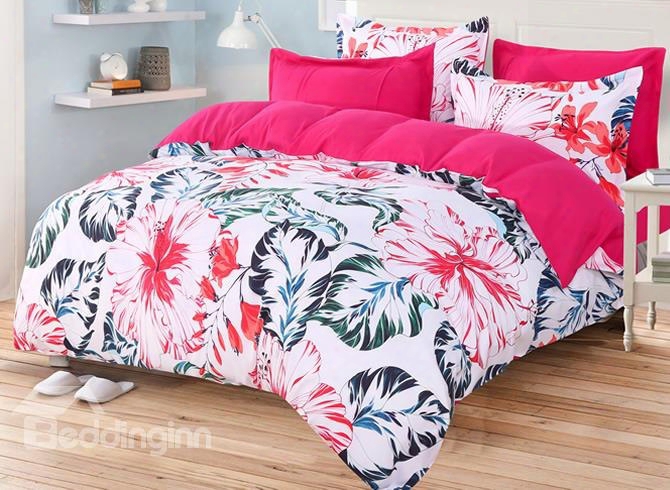 Blooming Flowers With Green Palm Leaves High Thread Count 4-piece Polyester Bedding Sets