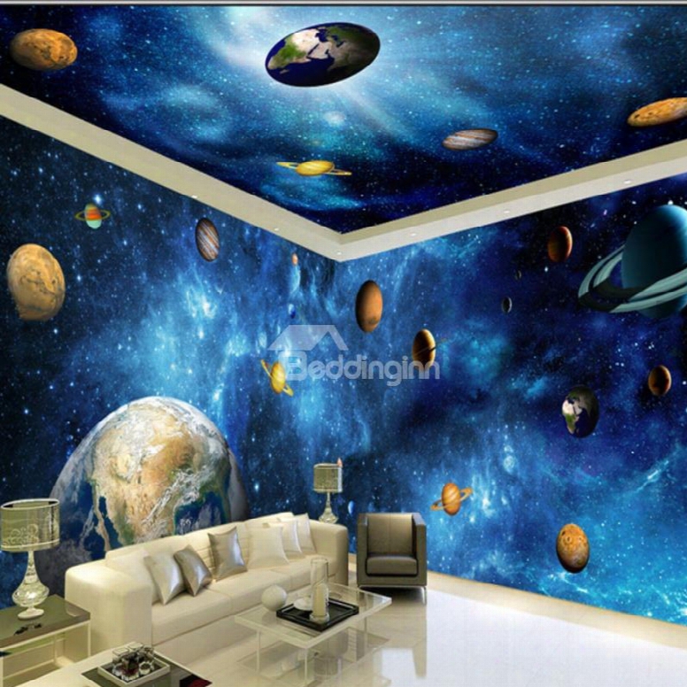 Blue Dreamy Starry Sky And Planets Pattern Combined 3d Ceiling Murals And Wall Murals