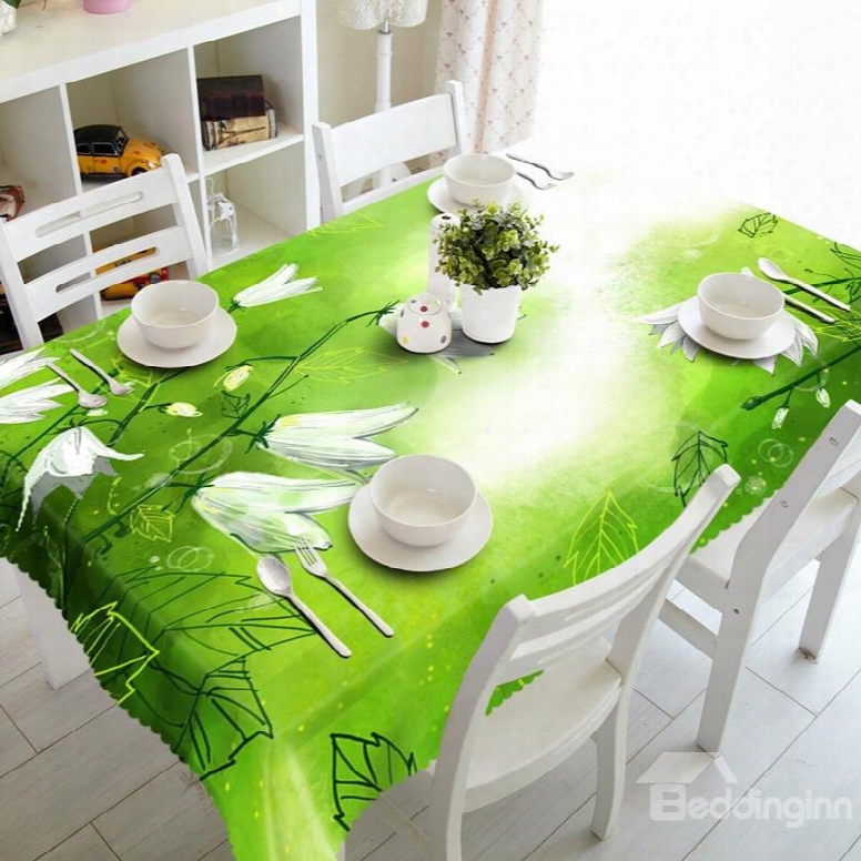 Bright Green Background With White Flowers Decoration Prints Washable 3d Tablecloth