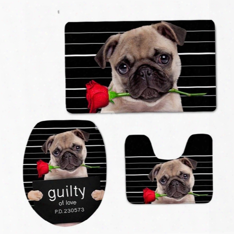 Bulldog With Rose Pattern Flannel Pvc Soft Water-absorption And Anti-slid Toilet Seat Covers