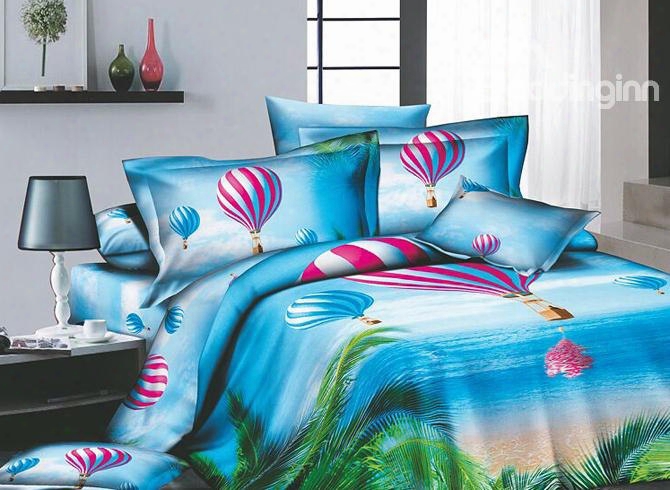 Cerulean Tropical Beach Printed 4 Piece Cotton Bedding Sets With Colorful Hot-air Balloon