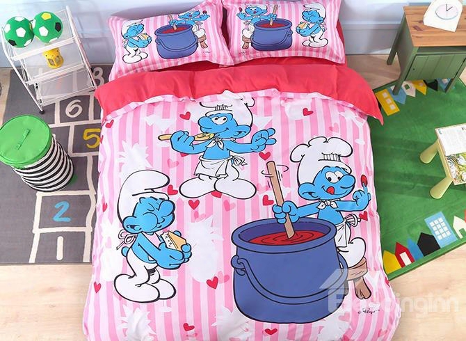 Chef Smurf Printed 4-piece Pink Bedding Sets/duvet Covers