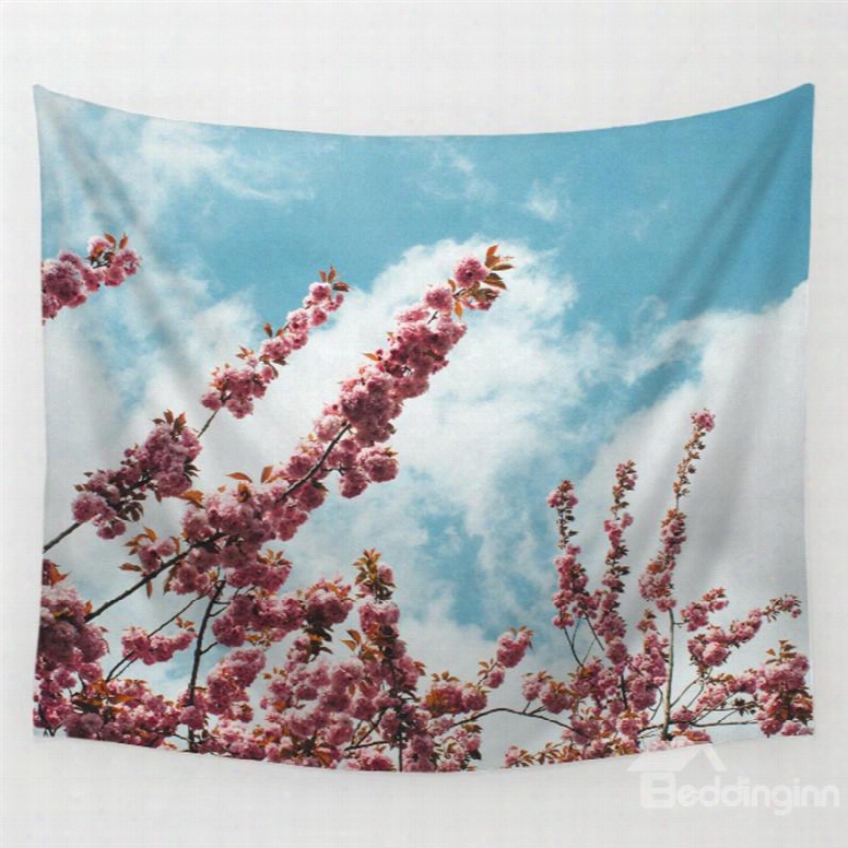 Cherry Blossom Into Blue Sky And White Cloud Decorative Hanging Wall Tapestry