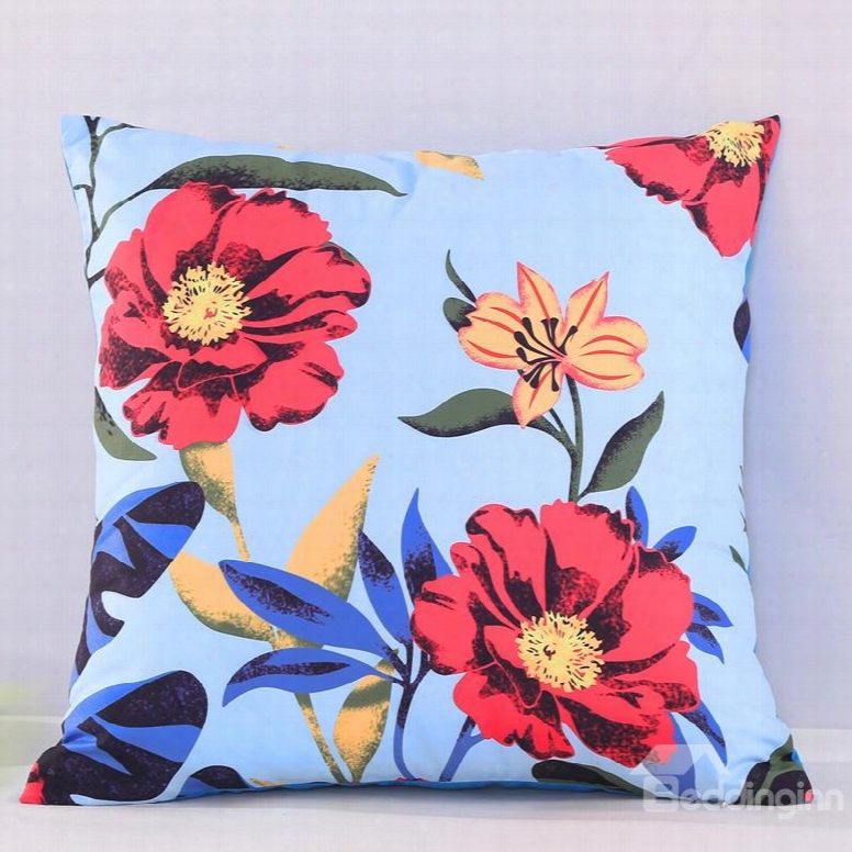 Chic Peony Pattern Blue Decorative Square Polyester Throw Pillowcases