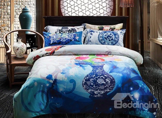 Chinese Style Blue And White Porcelain Print 4-piece Cotton Duvet Cover Sets
