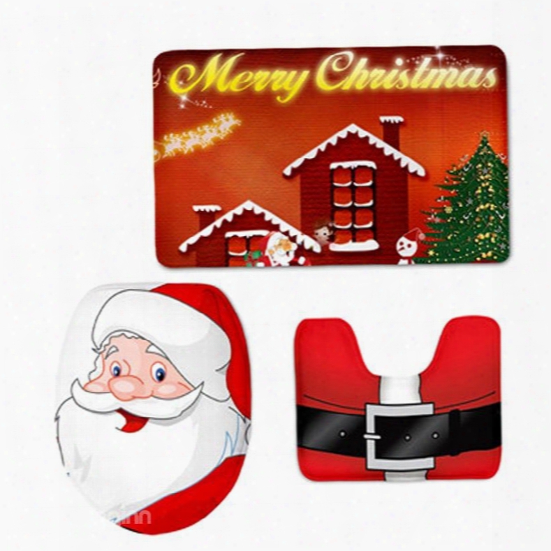 Christmas Father Printed Flannel Pvc Soft Water-absorption And Anti-slid Toilet Seat Covers