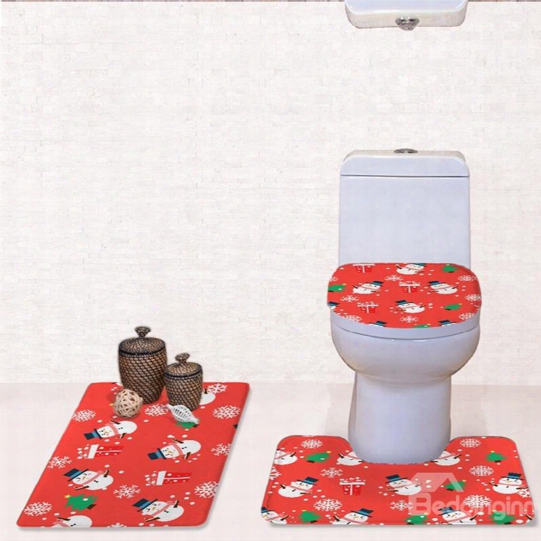 Christmas Snowmen Trees Pattern Flannel Pvc Soft Anti-slid Red Toilet Seat Covers