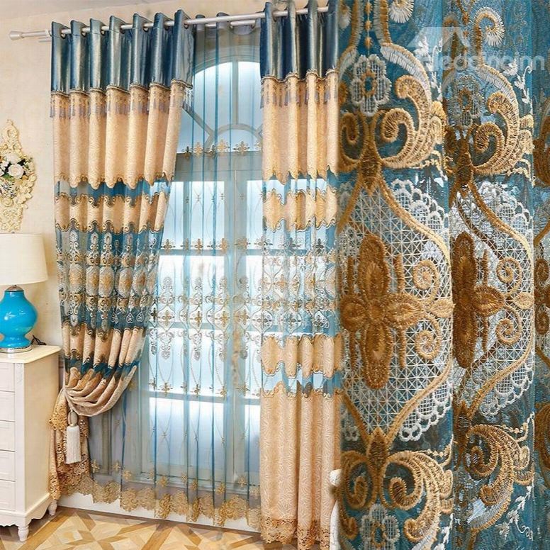 Classical Damask In Light Blue And Beige Polyester Modern And Fashion Sheer Curtain