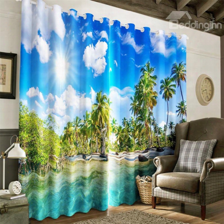 Clean Water And Blue Sky With White Clouds Printed Natural Beauty Grommet Top Curtain