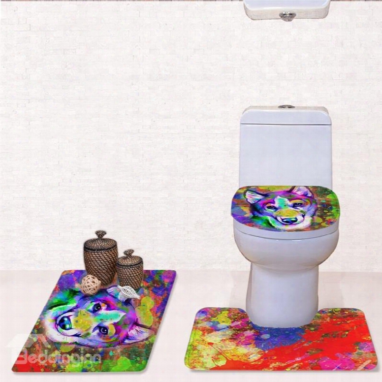 Colored Wolf Pattern 3-piece Flannel Pvc Soft Water-absorption Anti-slid Toilet Seat Covers