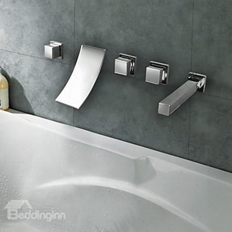 Contemporary Chrome Finish Widespread Waterfall Curve Bathroom Tub Faucet