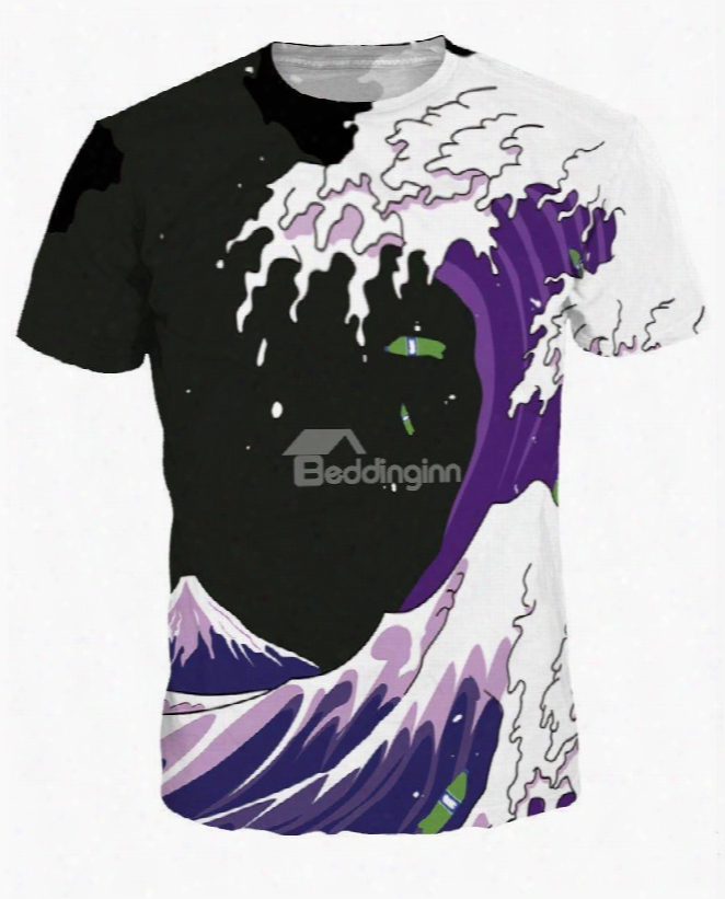 Cool Round Neck Wave Pattern Black Background 3d Painted T-shirt