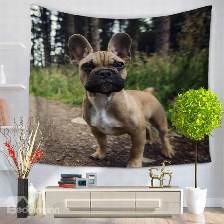 Cute Bulldog In Forest Path Decorative Hanging Wall Tapestry