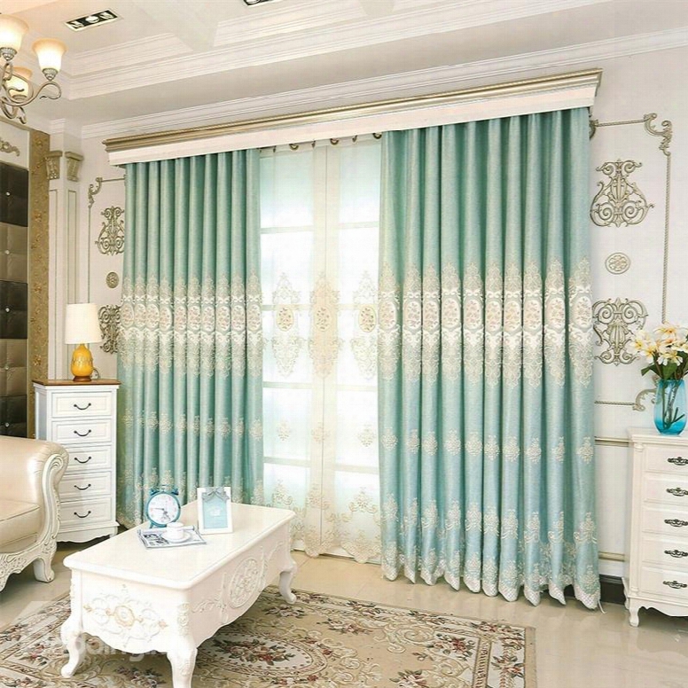 Decorative Modern And Fresh Style Green Color With Embroidered Flowers Blafkout Curtain