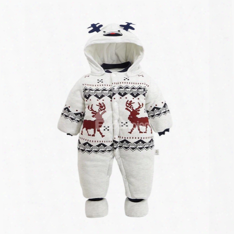 Deer Printed Cotton And Velvet Simple Style White Baby Sleeping Bag/jumpsuit