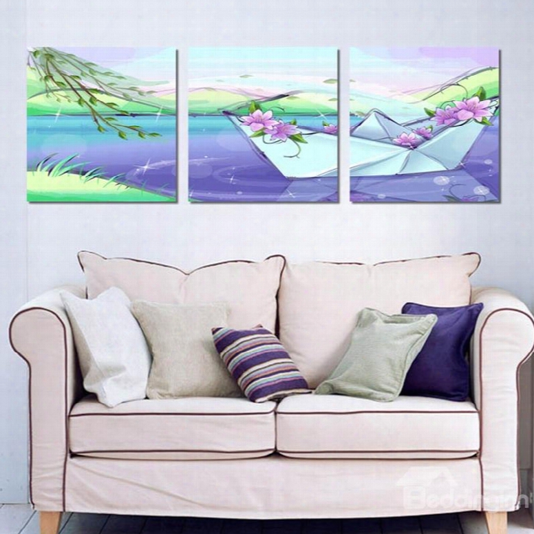 Dreamy Paper Boat Design 3 Panels Ready To Hang Framed Wall Art Prints