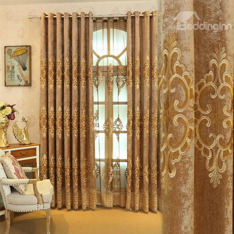 Elegant And Concise European Style 2 Panels Embroidered Flowers Grommet Top Curtain