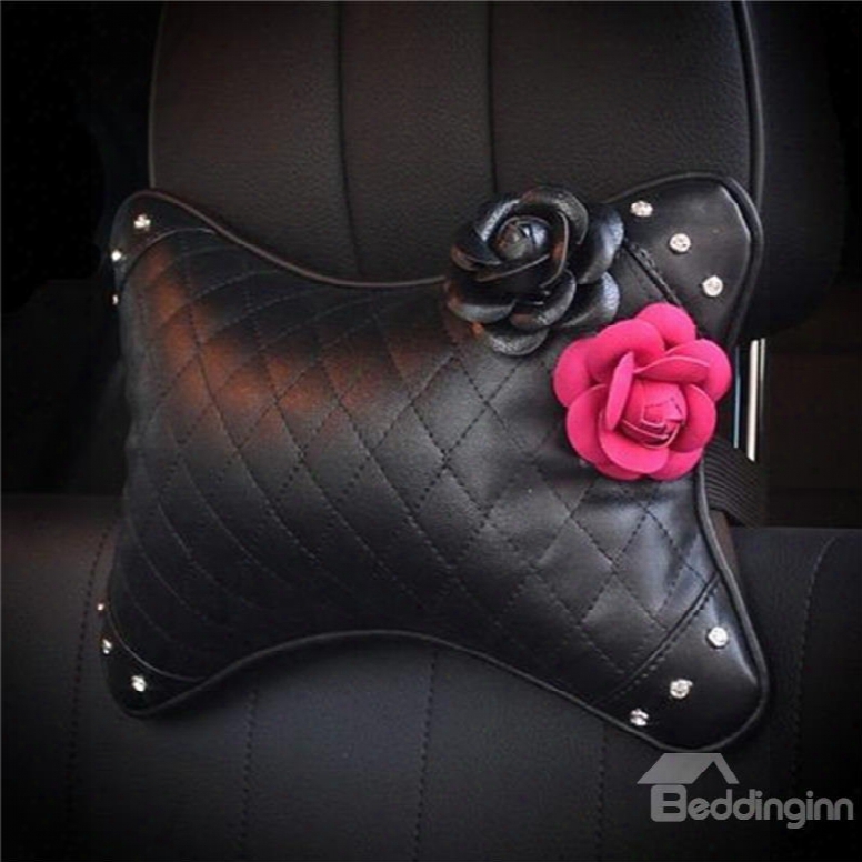 Endearing Practical Camellia Ornament High-grade Leather Car Neckrest Pillow