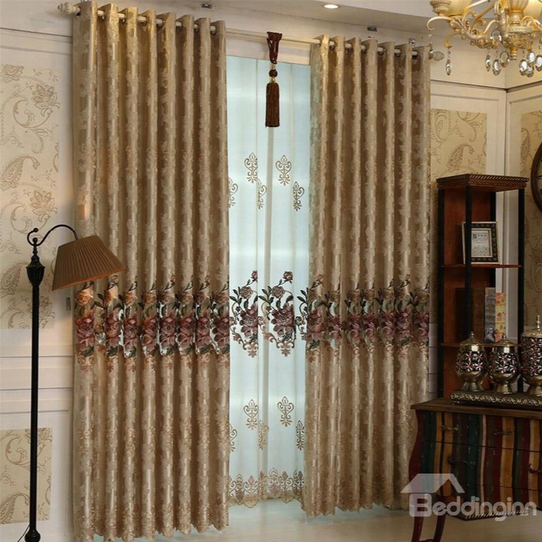 European Retro And Noble Style Dark Brown Embroidered Flowers Custom Grommet Top Curtain