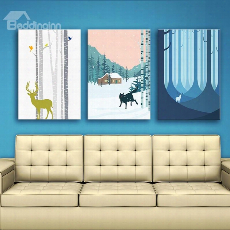 European Style Deer In Forest Winter Scenery 3 Panels Framed Wall Art Prints