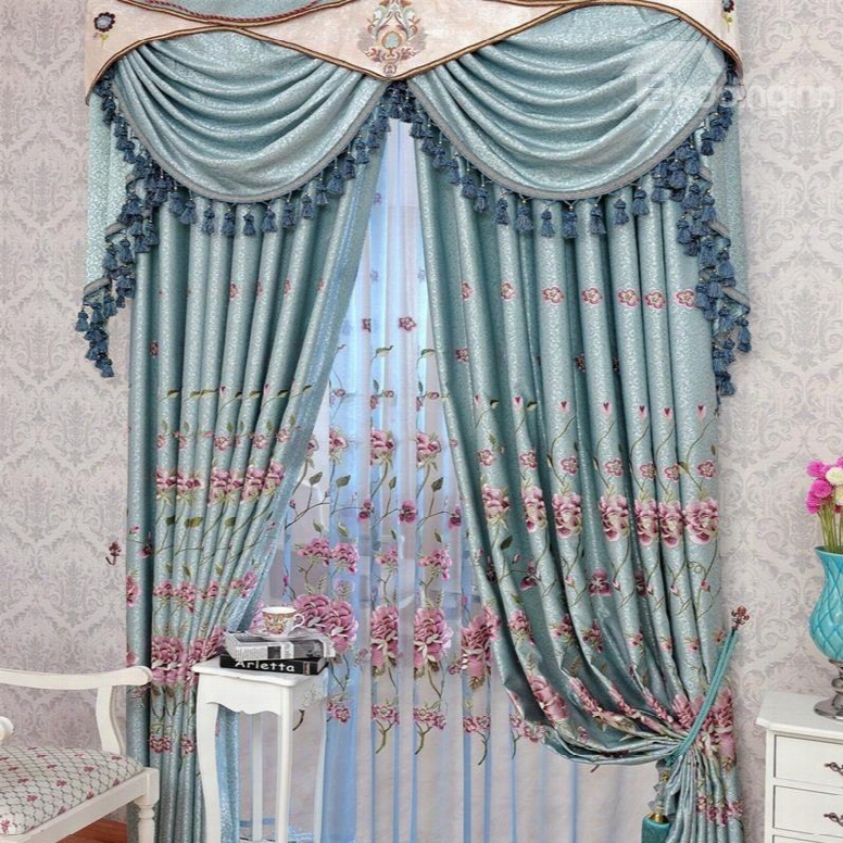 European Style Light Blue Chenillecustom Living Room Embroidered Sheer Curtain