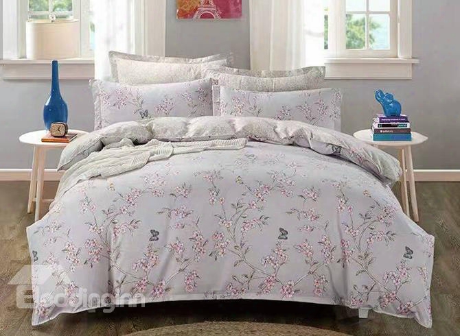 Fabulous Blooms And Butterfly Print Polyester 4-piece Duvet Cover Sets