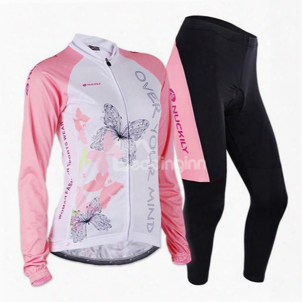 Female Pink Butterfly Long Sleeve Breathable Bike Jersey With Full Zipper Cycling Suit