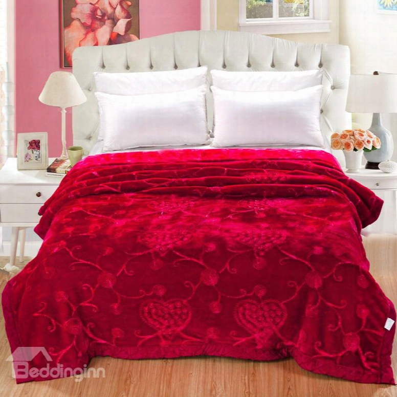 Flowers And Heart Shape Design Rose Red Embroidery Flannel Fleece Bed Blankets