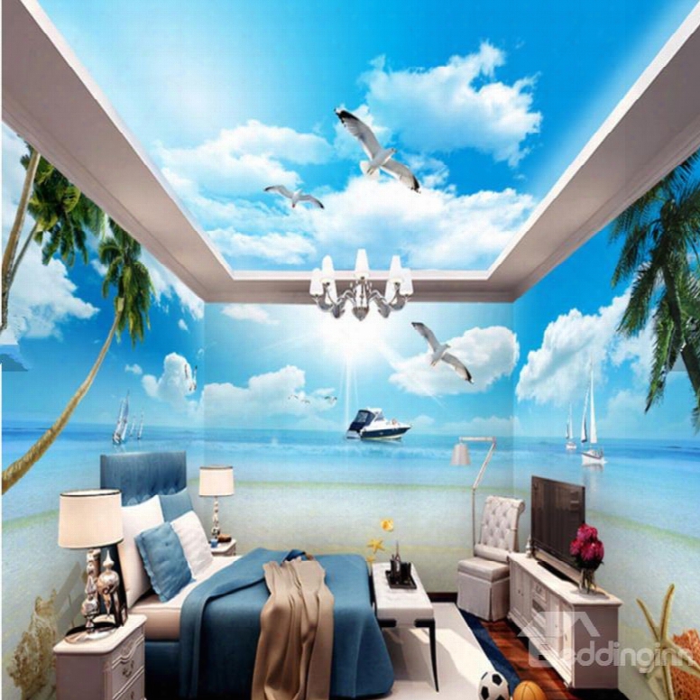 Fresh Palm Tree By The Sea And Flying Sea Mews Scenery Combined 3d Ceiling And Wall Murals