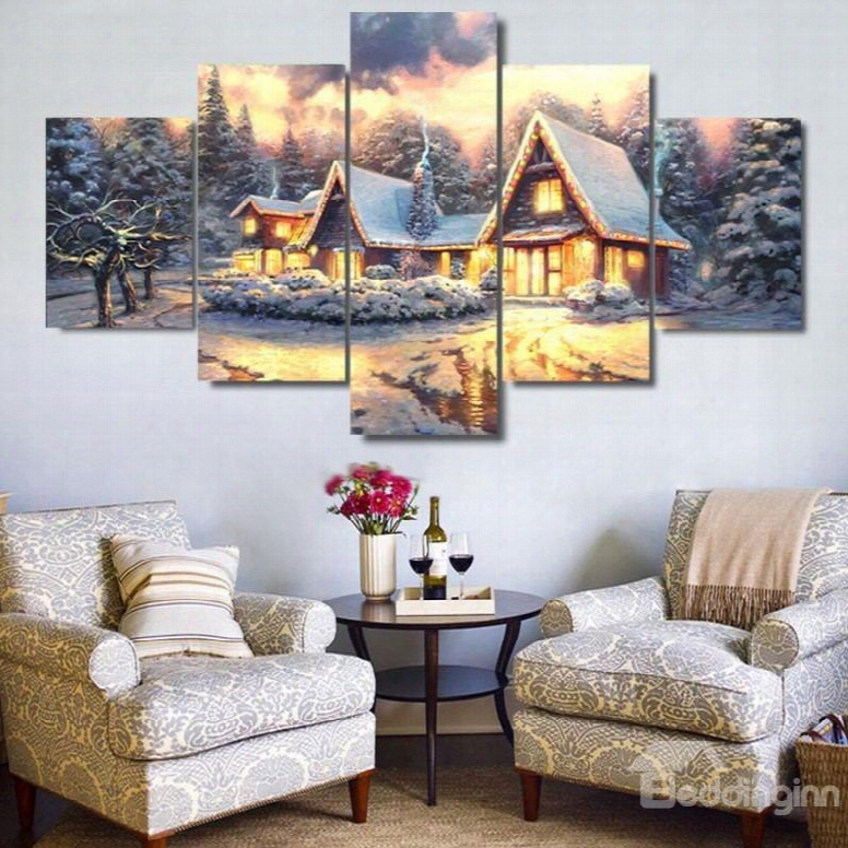 Golden Cabins And White Trees Hanging 5-piece Canvas Eco-friendly And Waterproof Non-framed Prints