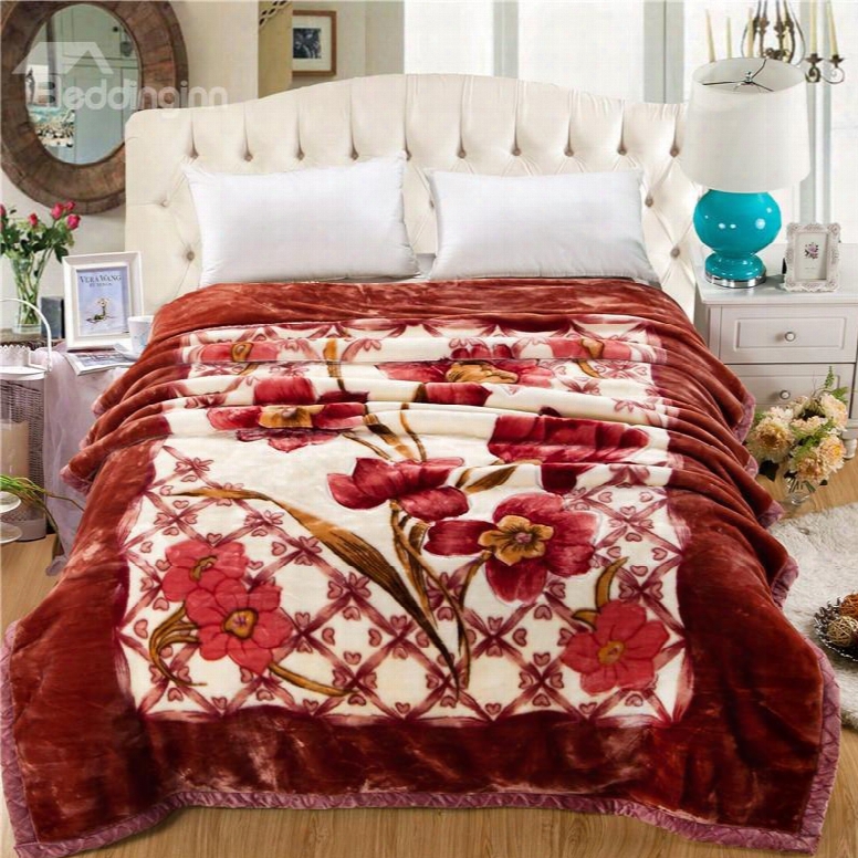 Graceful Peonies Printed Burgundy Flannel Fleece Bed Blankets