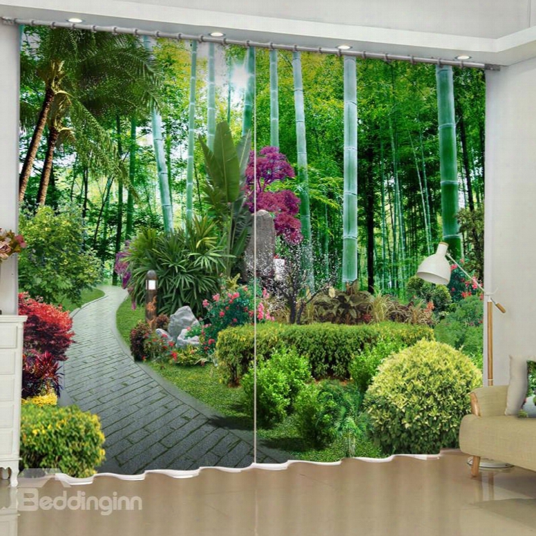 Green Garden And Slate Road Printed 2 Panels Decorative 3d Curtain