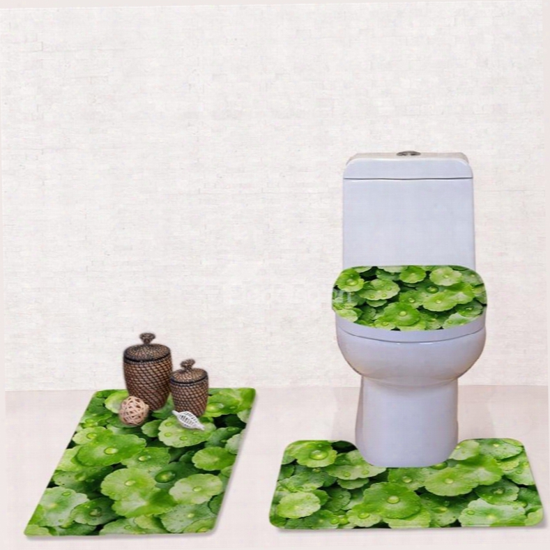 Green Leaves Pattern 3-piece Flannel Pvc Soft Water-absorption Anti-slid Toilet Seat Covers