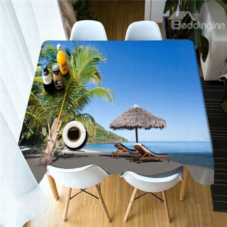 Green Palm Trees And Leisure Benches On The Wonderful Beach 3d Table Cloth