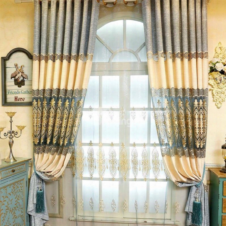 Grey And Beige Stitching With Hollowed-out Patterns Living Room And Bedroom Window Sheer Curtain