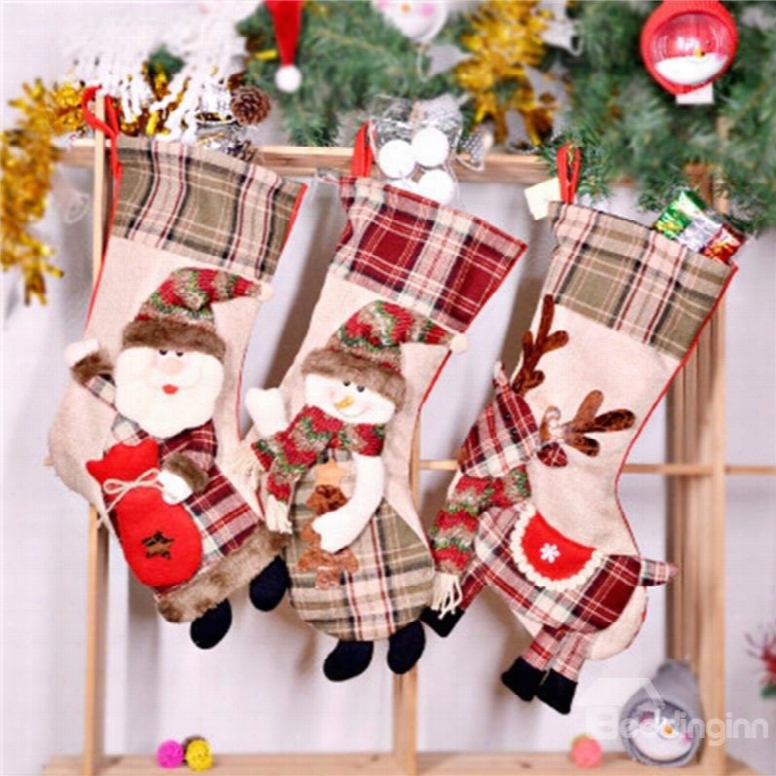 Grid Classic Non-woven Fabric And Wool Beige Christmas Holiday Stocking