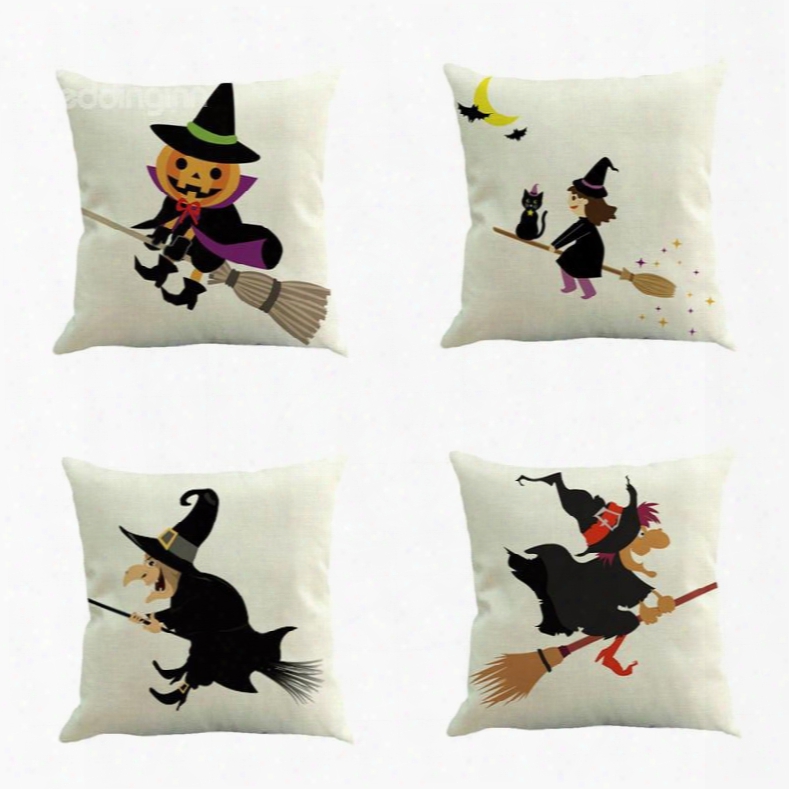Halloween Decoration Pumpkin Wizard Riding His Broomstick Square Linen Throw Pillow