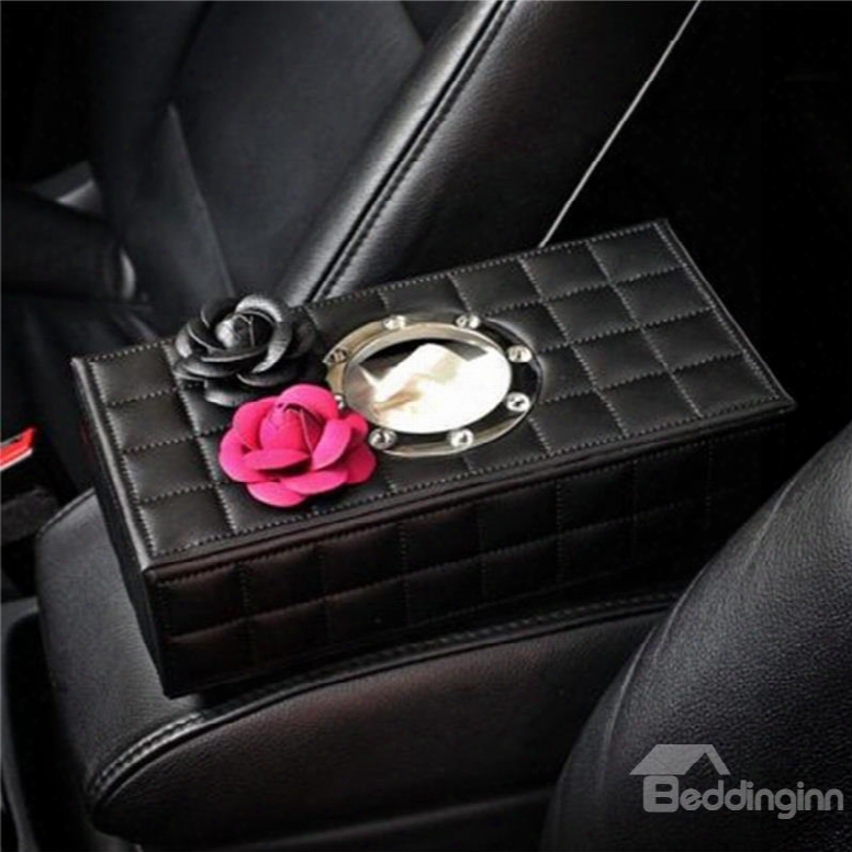 High-class Grid Soft Leather With Two Camellia Flowers Car Tissue Box