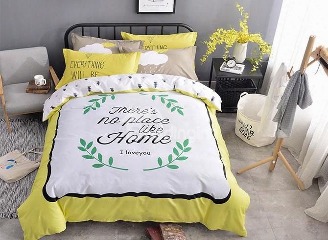 Letters And Green Leaves Printed Cotton Kids Duvet Covers/bedding Sets