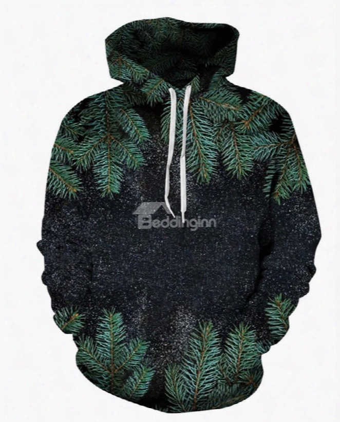 Long Sleeve Night Green Leaves 3d Pattern Hoodie