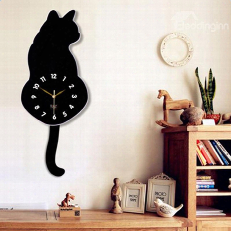 Lovely Acrylic Cartoon Cat-shaped With Swishing Tails Design Mute 16 Inches Wall Clock